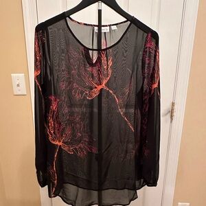 Susan Graver Black and Coral Sheer Floral Blouse - Size 10